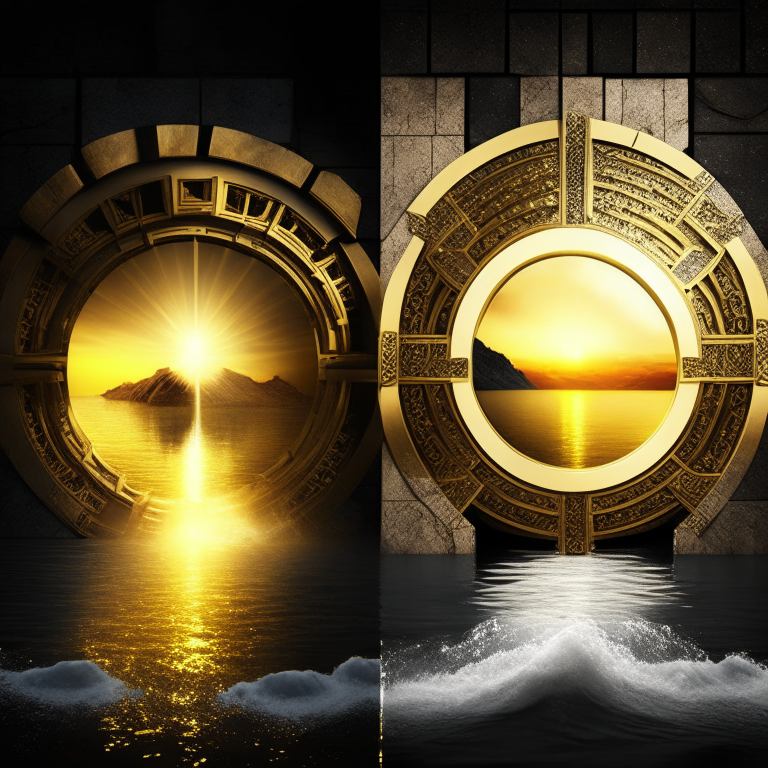 nether portal, gold bricks, gold filigree, one portal white marble; the other portal black marble, 2 portals left and right seasons. Gold sunset over water, bank vault metal wheel theme