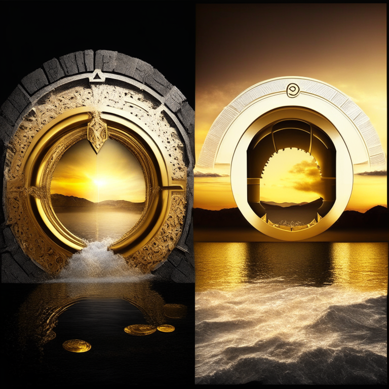 nether portal, gold bricks, gold filigree, one portal white marble; the other portal black marble, 2 portals left and right seasons. Gold sunset over water, bank vault metal wheel theme