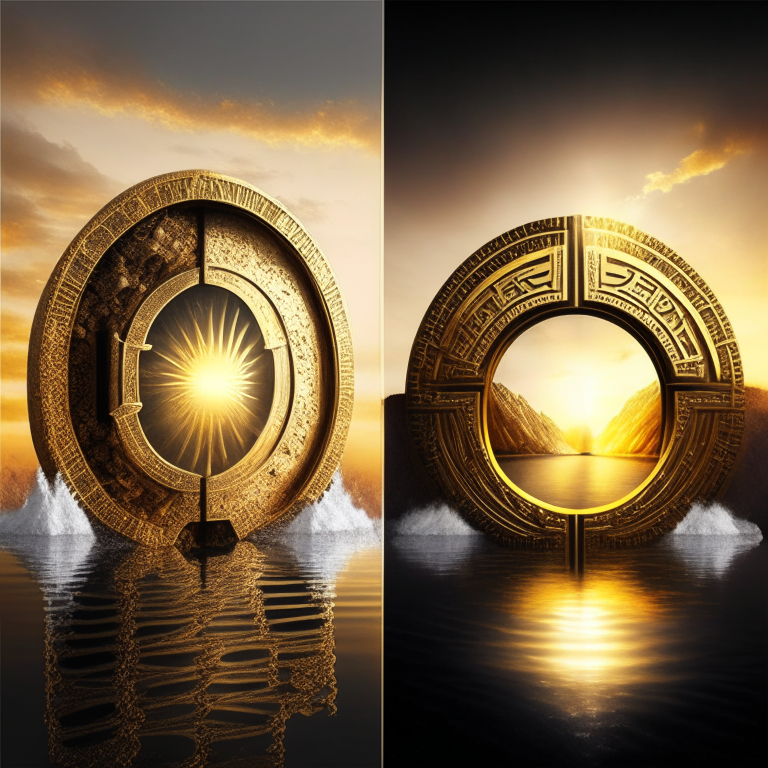 nether portal, gold bricks, gold filigree, one portal white marble; the other portal black marble, 2 portals left and right seasons. Gold sunset over water, bank vault metal wheel theme