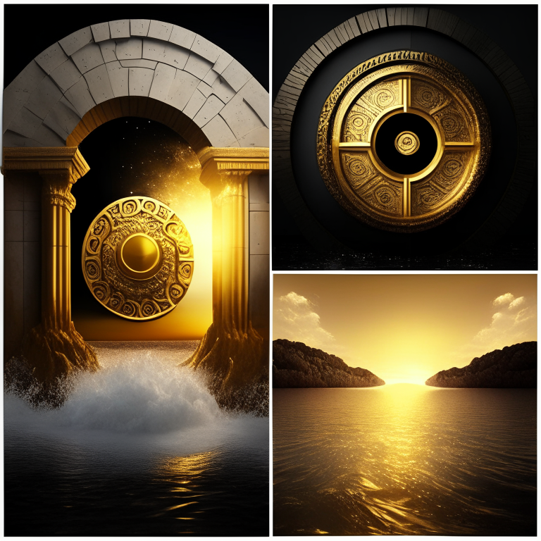 nether portal, gold bricks, gold filigree, one portal white marble; the other portal black marble, 2 portals left and right seasons. Gold sunset over water, bank vault metal wheel theme