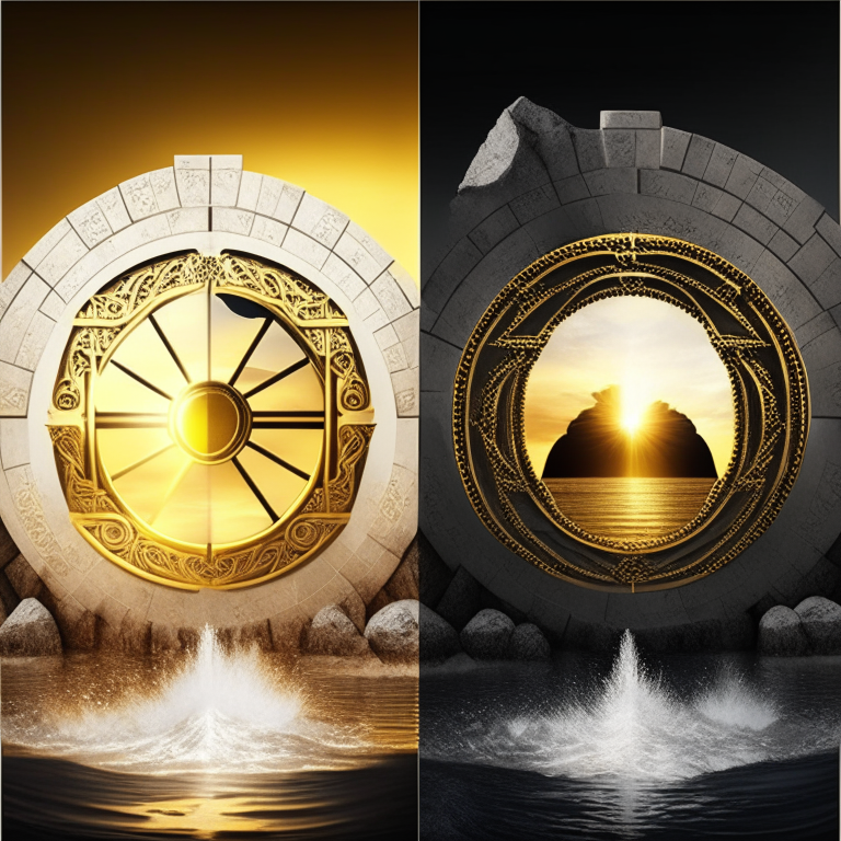 nether portal, gold bricks, gold filigree, one portal white marble; the other portal black marble, 2 portals left and right seasons. Gold sunset over water, bank vault metal wheel theme