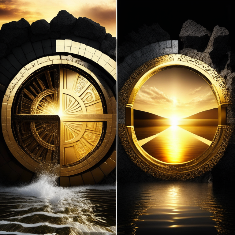 nether portal, gold bricks, gold filigree, one portal white marble; the other portal black marble, 2 portals left and right seasons. Gold sunset over water, bank vault metal wheel theme