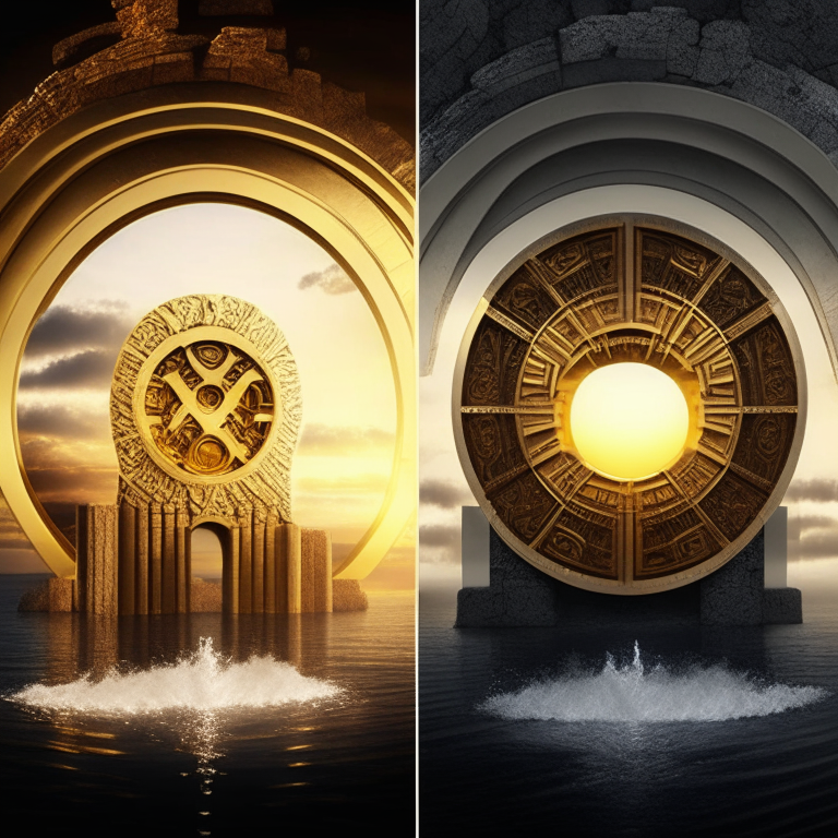 nether portal, gold bricks, gold filigree, one portal white marble; the other portal black marble, 2 portals left and right seasons. Gold sunset over water, bank vault metal wheel theme