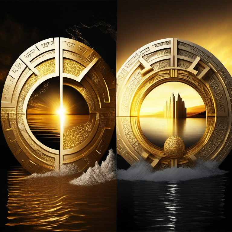 nether portal, gold bricks, gold filigree, one portal white marble; the other portal black marble, 2 portals left and right seasons. Gold sunset over water, bank vault metal wheel theme