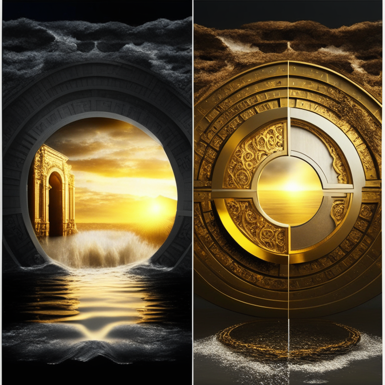 nether portal, gold bricks, gold filigree, one portal white marble; the other portal black marble, 2 portals left and right seasons. Gold sunset over water, bank vault metal wheel theme