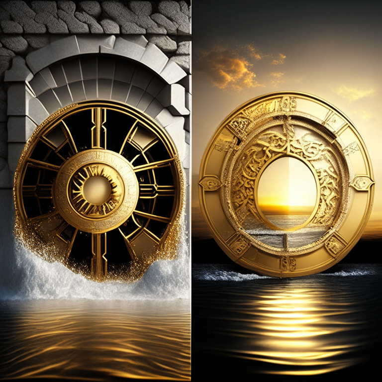 nether portal, gold bricks, gold filigree, one portal white marble; the other portal black marble, 2 portals left and right seasons. Gold sunset over water, bank vault metal wheel theme