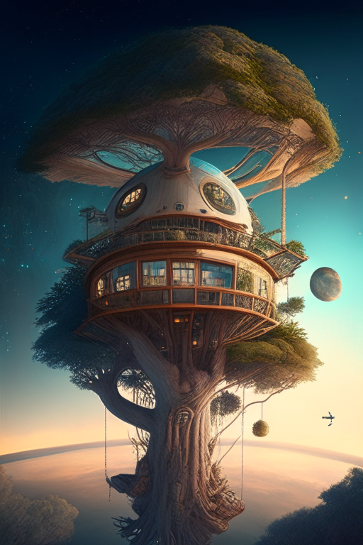 A treehouse utopia with planets in the sky, realistic - except for the one in the tree. a treehouse utopia with planets in the sky, realistic