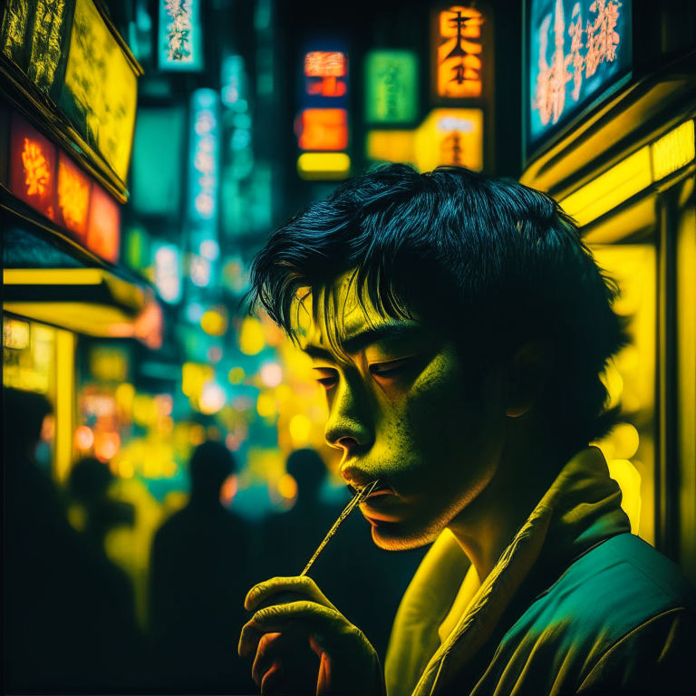 um brasileiro fumando um baseado com os olhos de raios azuis observando mais de canto em kabukicho shinjuku de noite, paleta de cores da imagem toda combinando amarelo, preto