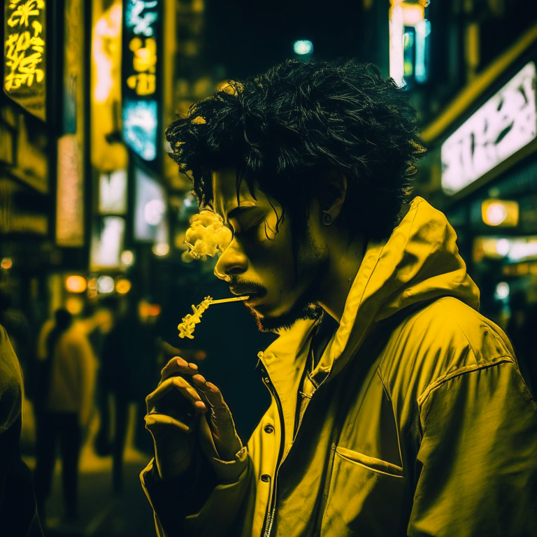 brazilian guy smoking weed in kabukicho shinjuku on nigth, colors yellow and black