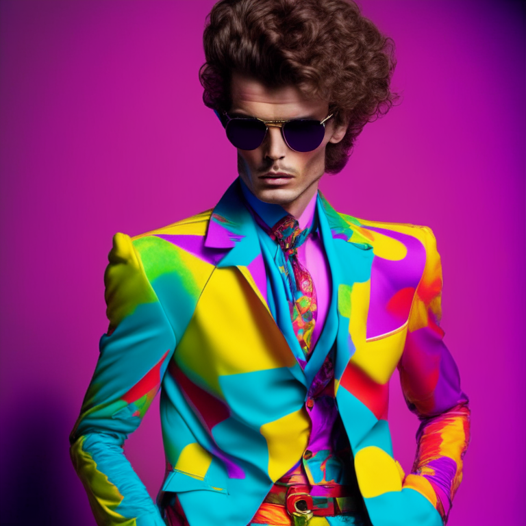 A Fashion man dressed like 80's colorful suit