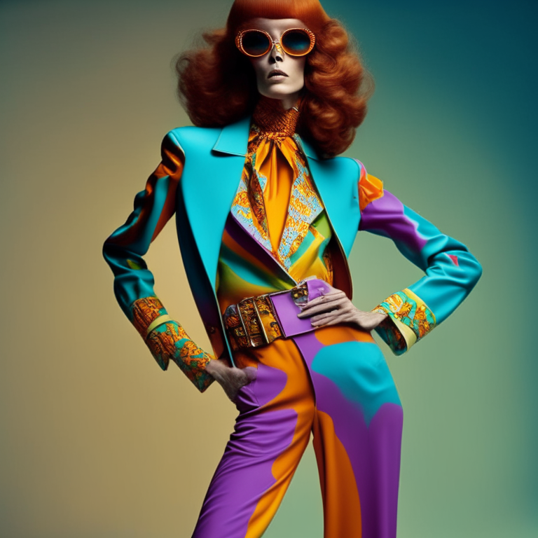 A Fashon woman dressed in 70's colorful suit