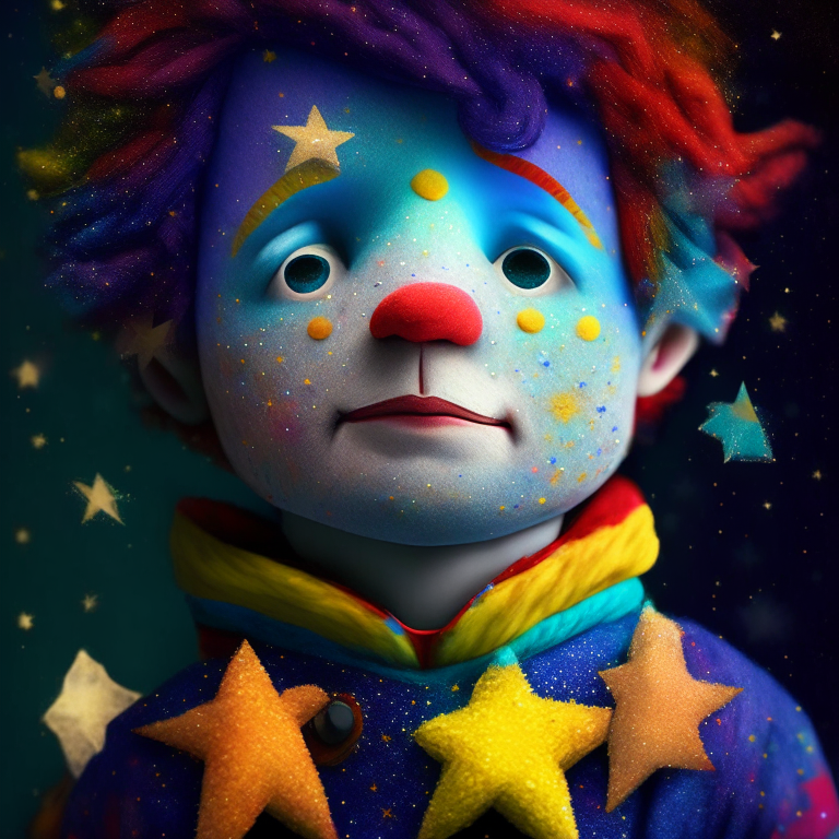 A colorful puppet boy, he has stars in his cheeks 