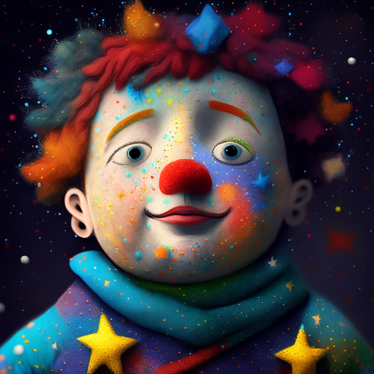 A colorful puppet boy, he has stars in his cheeks 
