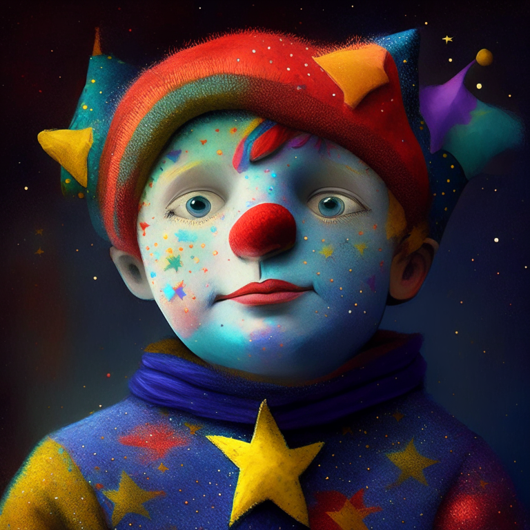 A colorful puppet boy, he has stars in his cheeks 