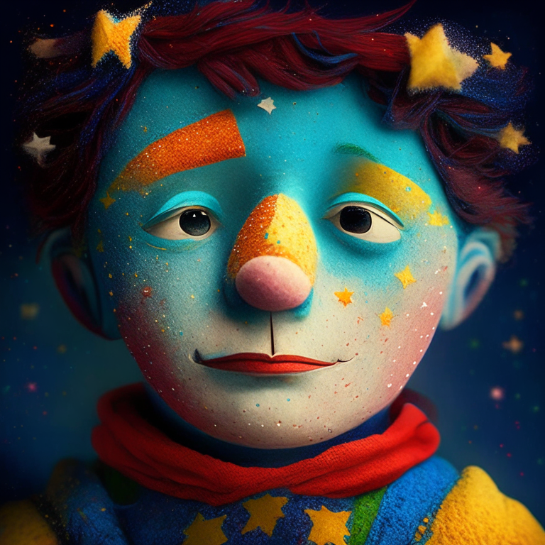 A colorful puppet boy, he has stars in his cheeks 