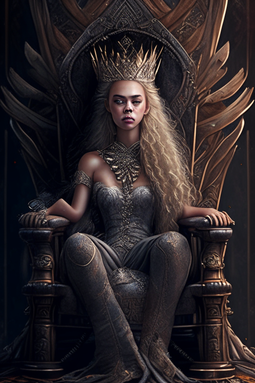 A beautiful young queen in a detailed beautiful throne 