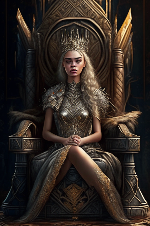 A beautiful young queen in a detailed beautiful throne 