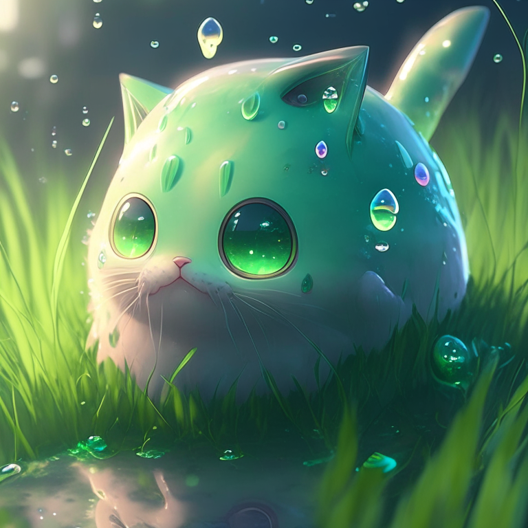 kawaii, modern moe highly detailed beautiful 2D anime art, cute slime cat, melted, wet, in the grass, voluminous tail, detailed eyes, paws, close-up, medium shot, detailed eyes, interesting detail, 3d shadows, 4k, 8k, hdr, perfect staging