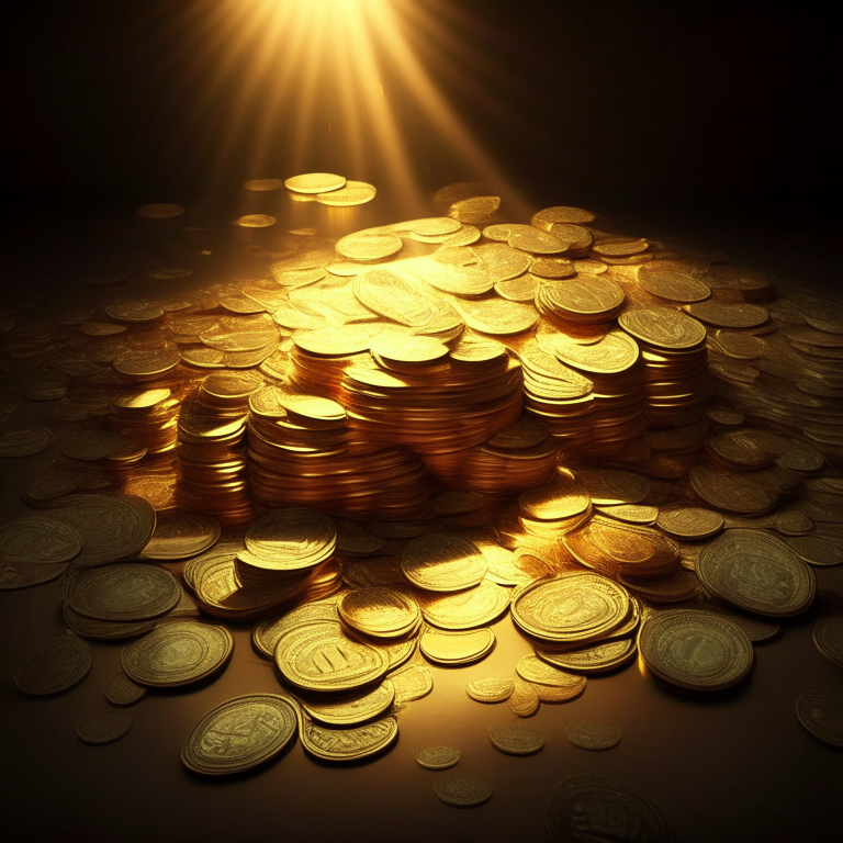 A lot of dollars and coins radiating golden light