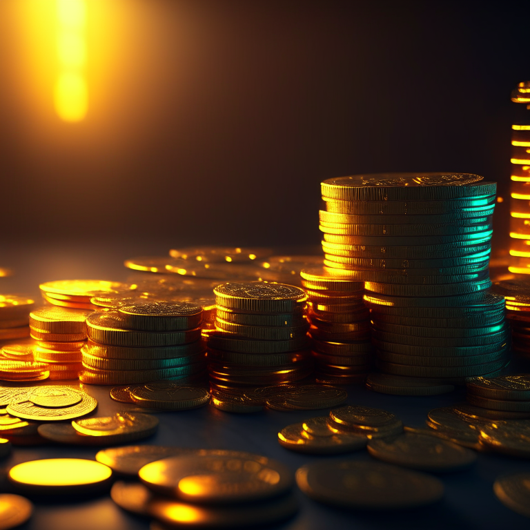 A lot of dollars and coins radiating golden light