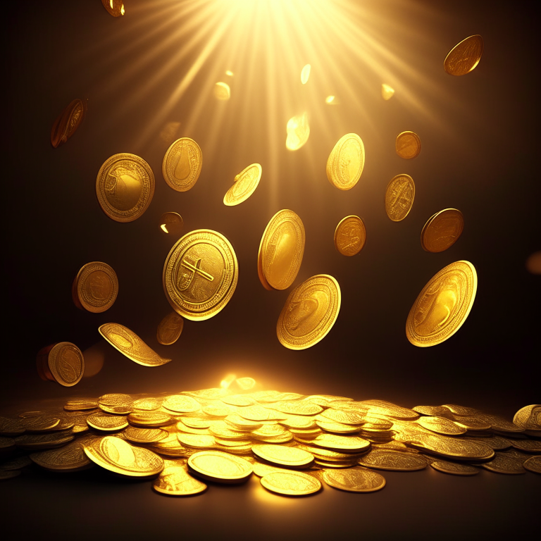 A lot of dollars and coins radiating golden light