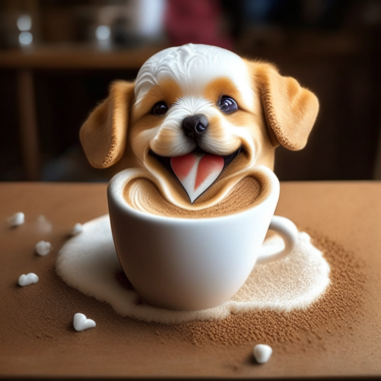 a happy puppy drinking a latte with heart-shaped foam art