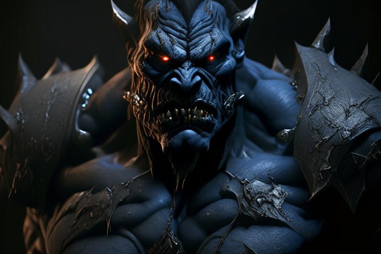 Goldorg, demonic orc from Moria, new leader of the Gundabad, strong muscular body, ugly figure, dirty grey skin, burned wrinkled face, body interlaced with frightening armor, metal coatings crossing head, heavy muscular figure, cinematic shot, detailed, trending on Artstation, dark blueish environment, demonic backlight, unreal engine, 8k, photorealistic, ultra realistic