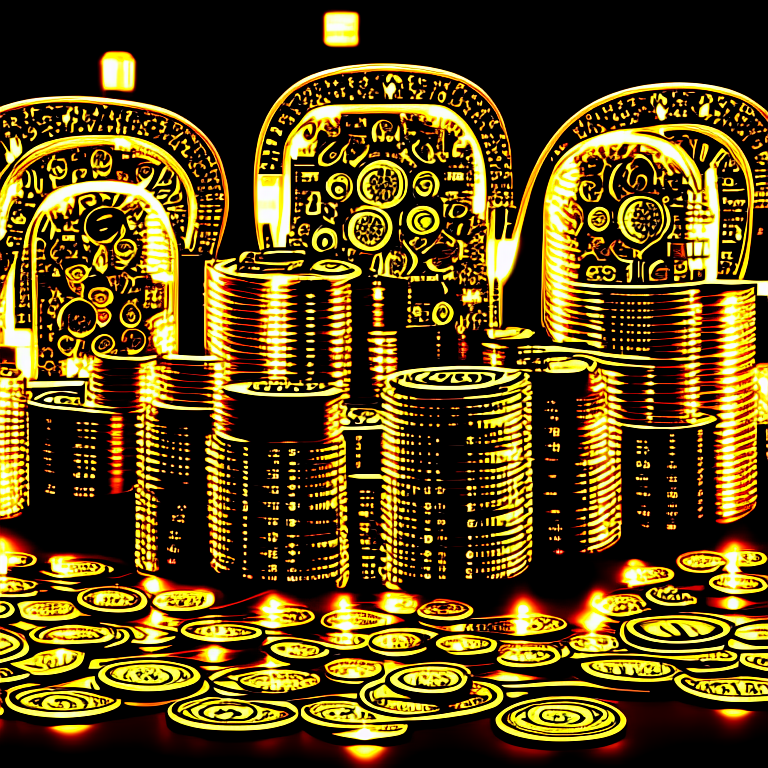 A lot of dollars and coins radiating electric lights