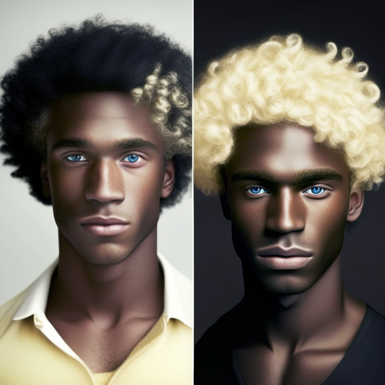 A white man  with blond hair turning into a black man with curly black hair