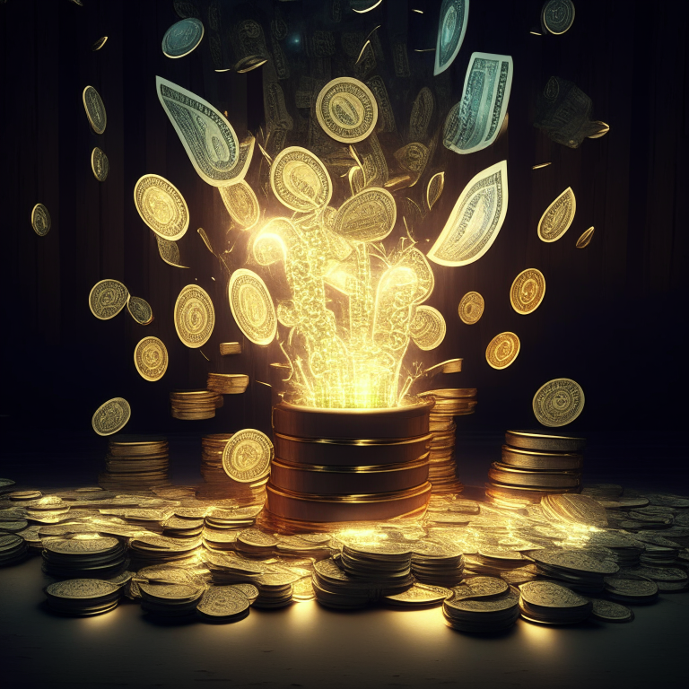 A lot of dollars and coins radiating electric lights