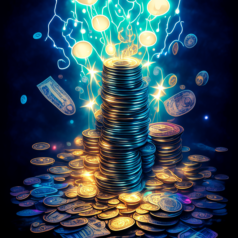A lot of dollars and coins radiating electric lights