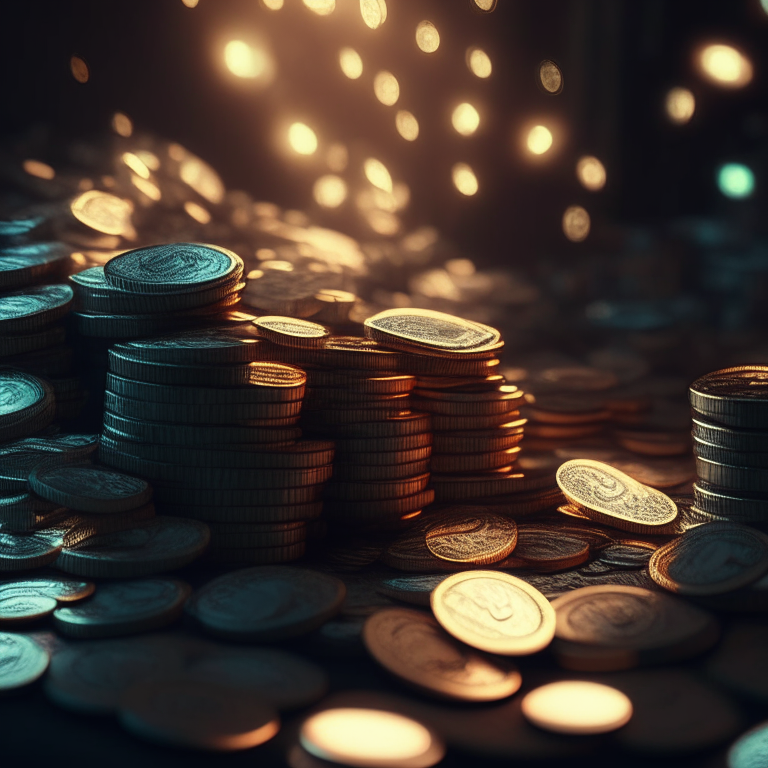 A lot of dollars and coins radiating electric lights