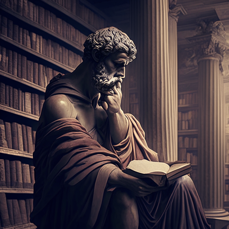 stoic philosopher in a library seeking to learn from his mistakes
