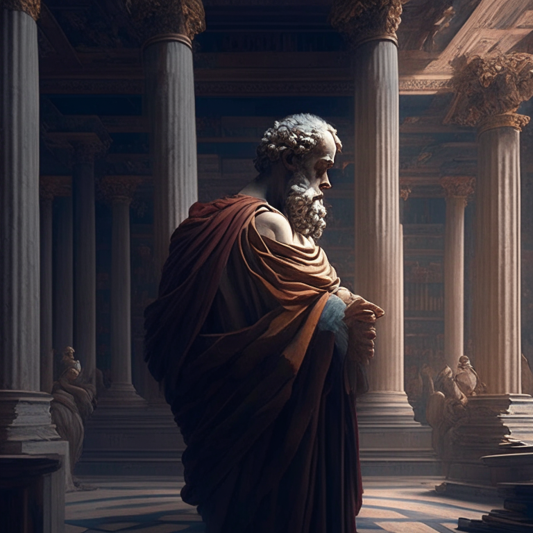 stoic philosopher in a grand library seeking to learn from his mistakes