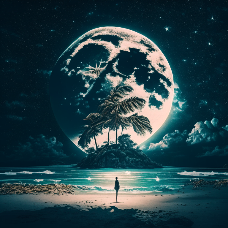 giant standing on tropical island under stars and moon