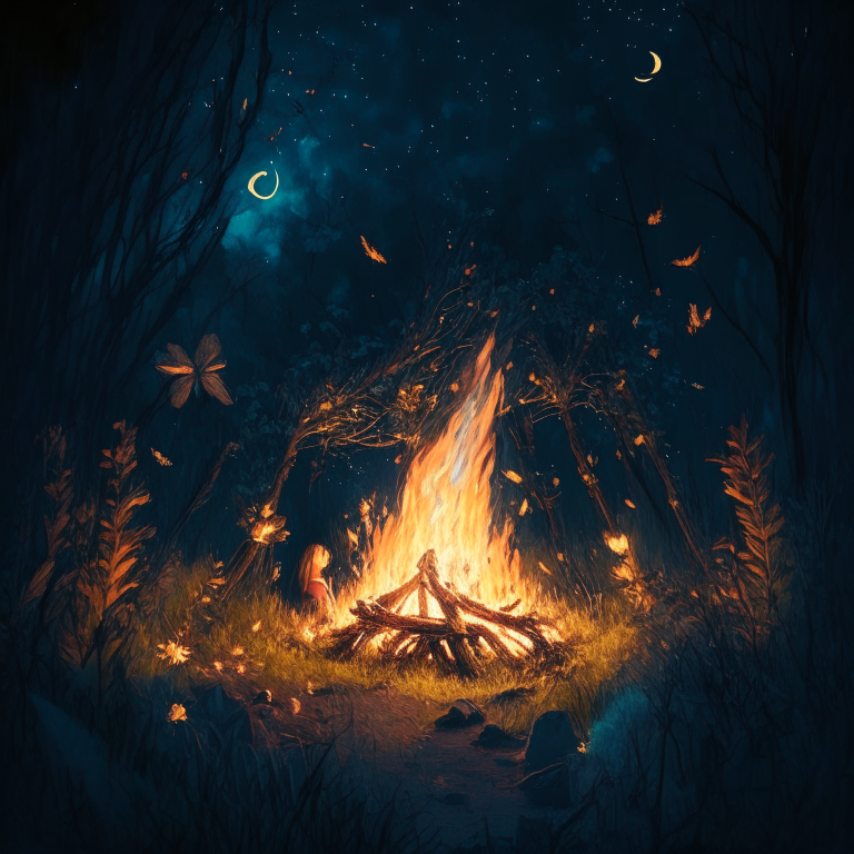 bonfire surrounded by spirits and bushes with fireflies