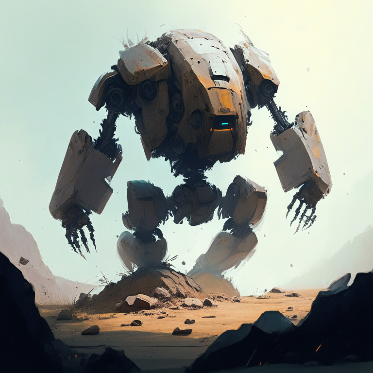 Giant robot heroically stuck in a narrow crater in the ground, visible from the waist to the head, supporting itself with its arms on the ground with great effort