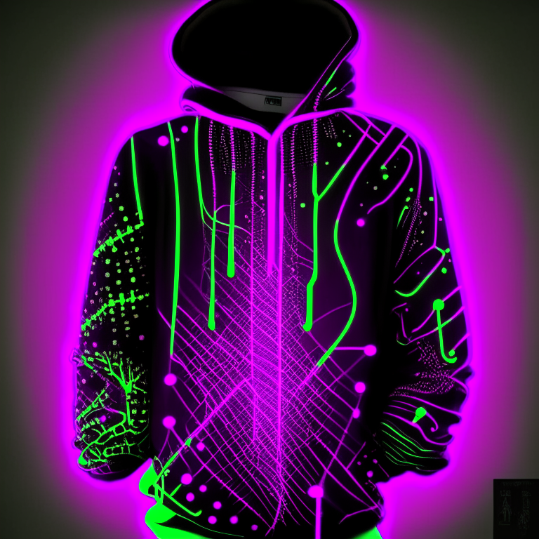 A purple hoodie design with an abstract pattern of glowing neon green lines, shapes and dots, with a neon pink aura shining around it