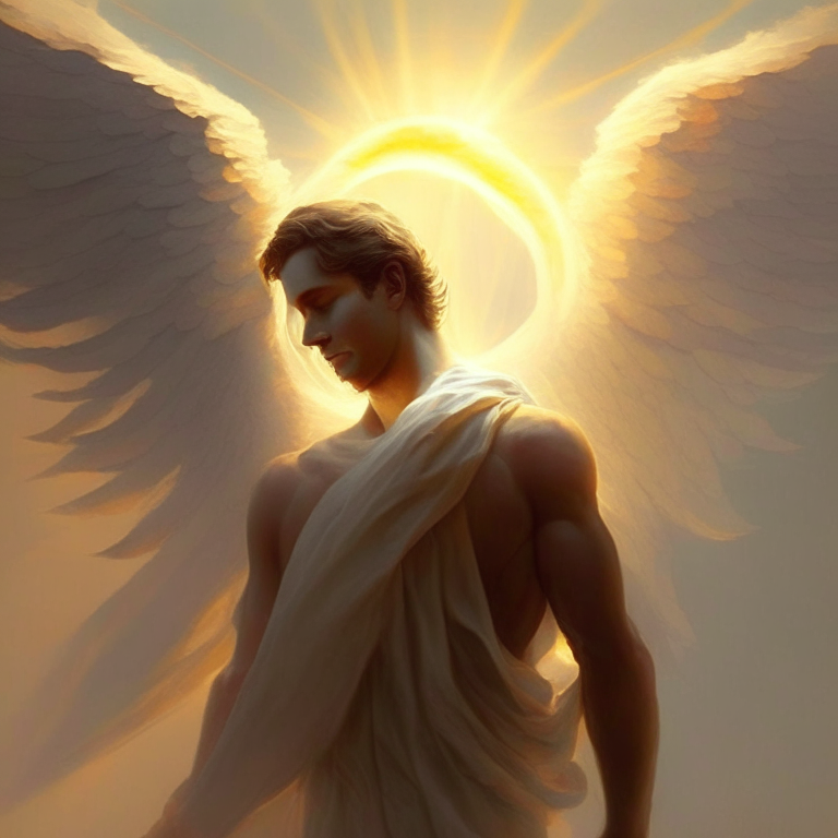 An angel carries the sun on his shoulder from east to west