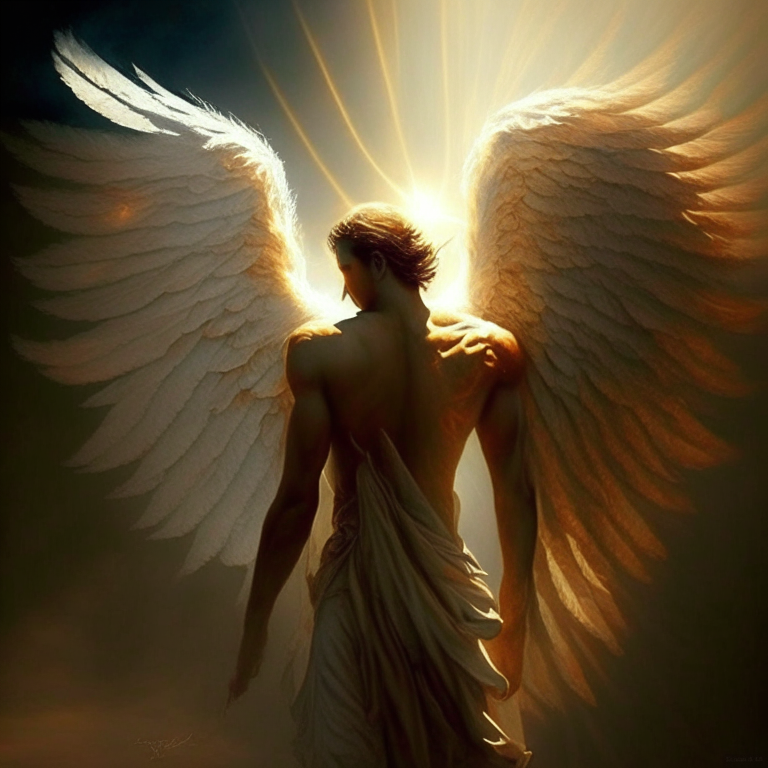 An angel carries the sun on his shoulder from east to westStrong wind blows. Wings develop