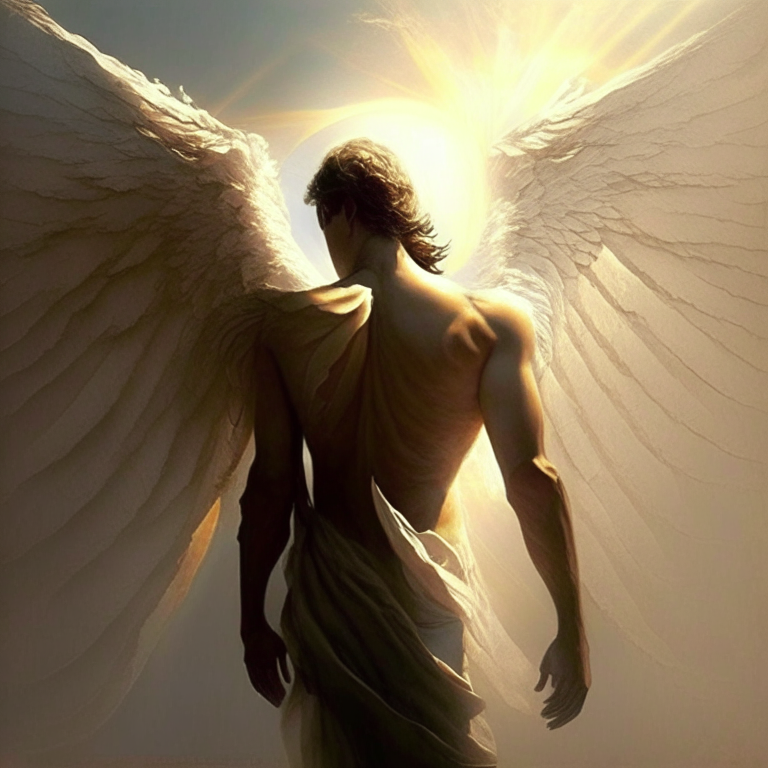 An angel carries the sun on his shoulder from east to westStrong wind blows. Wings develop