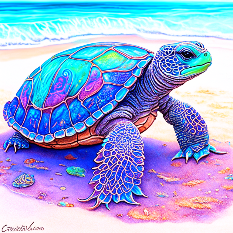 One adorable technicolor zentangle filigree sea turtle , by McKay, the sea turtle is relaxing on the beach, very detailed and elaborate shell, hyper detailed, super cute, hyper detailed face and eyes, glossy eyes, perfect claws, whimsical, magical, detailed skin, large reflective eyes, sharp focus, radiant lighting, lighting by Vladimir Volegov and Steve Hanks, art by James Christensen and Adonna Khare, complex, global illumination, global lighting, well lit face, dramatic lighting, intricate, elegant, highly detailed digital painting, concept art, cinematic, best quality,  smooth, sharp focus, 8K, clarity. art nouveau ink illustration, steampunk, wide shot