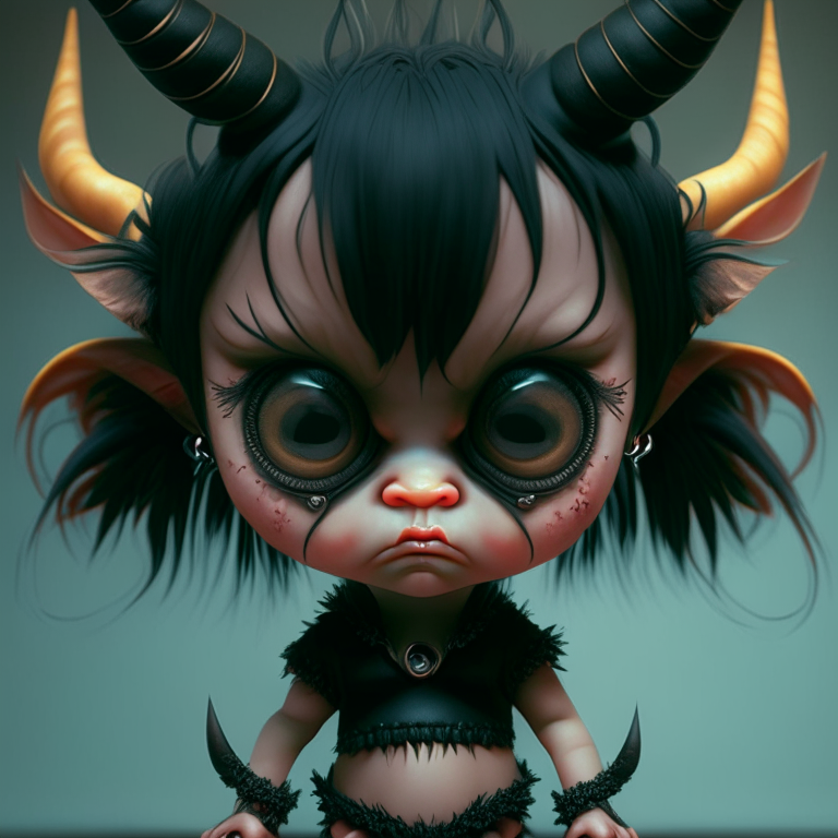 chibi monster girl, cyclops, black sclera, little horns,  stitches, by lucian freud,  arnold render,  professional,  trending on artstation, cgi,  fisheye lens, synthwave style,  cute,  elegant
