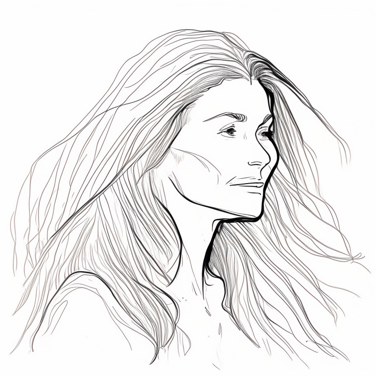 line drawing of a woman with long hair, mature features