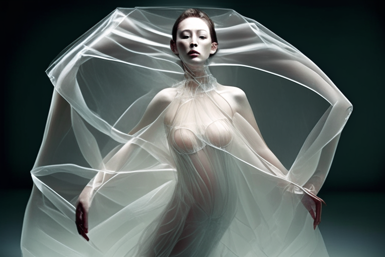 a woman encased in a transparent party dress