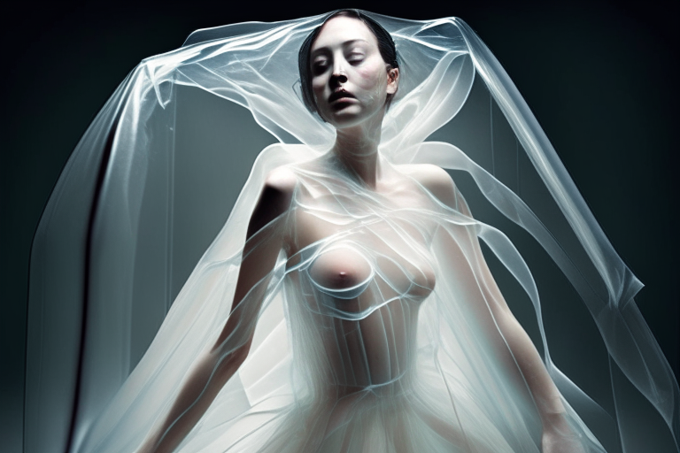 a woman encased in a transparent party dress