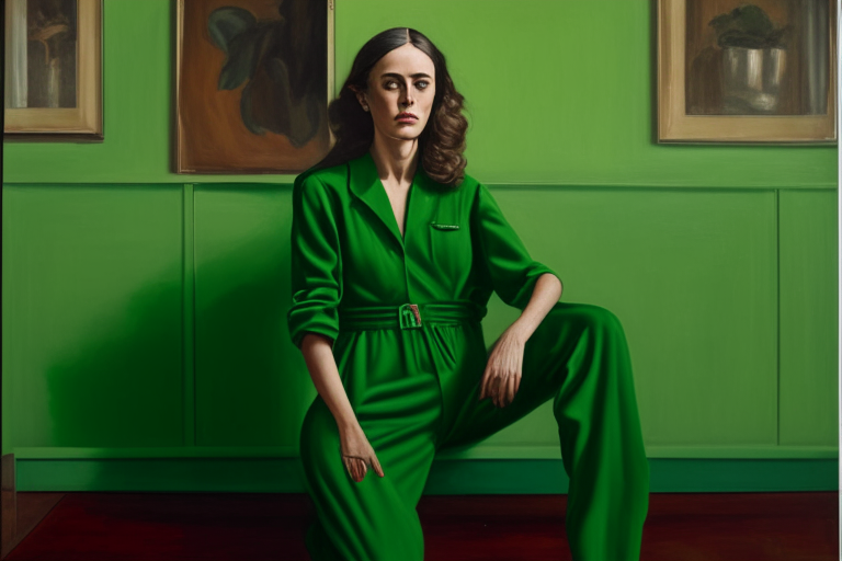 a woman in a green jumpsuit