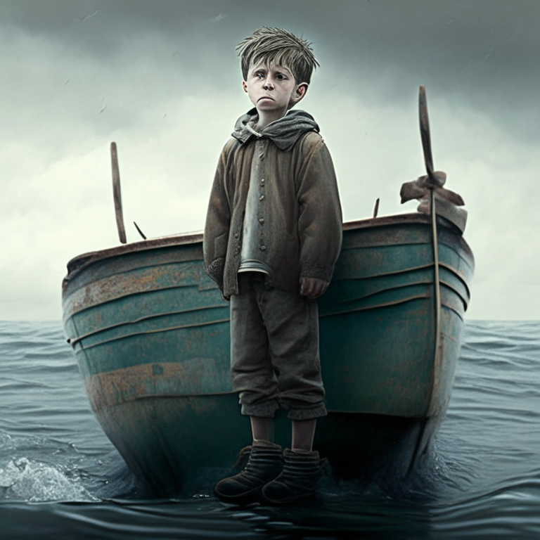 poor boy, standing on a boat in the sea