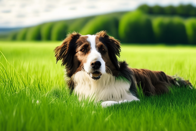 a dog sitting on a green grassy field