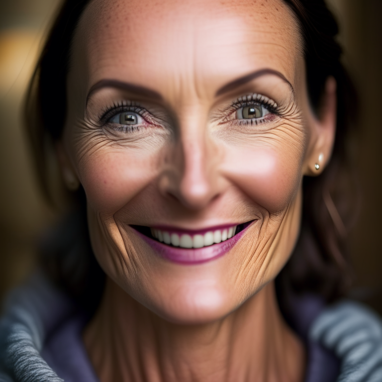 a close-up portrait of a woman in her 40s smiling confidently at the camera, showing wrinkles and crows feet, wearing stylish clothing that flatters her figure, realistic skin texture, sharp focus, DSLR photo